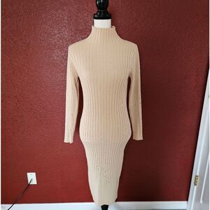 Chic Beige Ribbed Knit Long Sleeve Dress